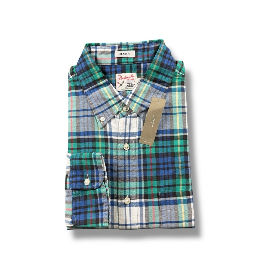 NWT J.Crew Broken In Oxford Blue/Green/White Plaid Button-down Shirt Mens Large